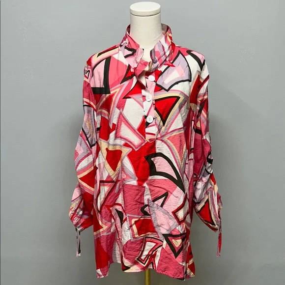 ALI MILES WOVEN PRINT TUNIC WITH CINCH SLEEVES‎ XL ABSTRACT PINK RED LAGENLOOK - Picture 3 of 8